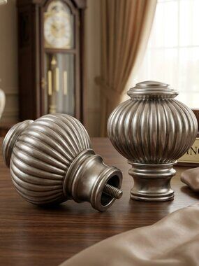 Elegant Brushed Silver Fluted Curtain Rod Finials Set